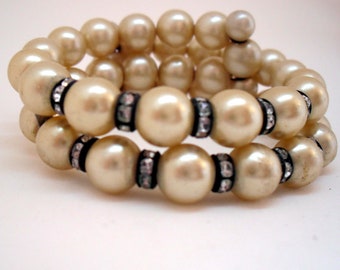 Faux Pearl and Rhinestone Memory Bracelet