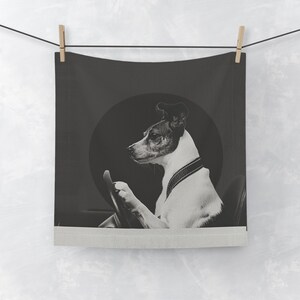 Jack Russell-gezichtshanddoek, hondenhanddoek met autothema, absorberend katoen, zwart-wit ontwerp, cadeau huisdier en autoliefhebber, stoer badkameraccent