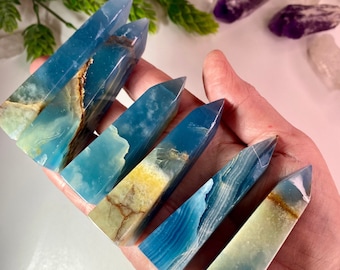 ONE Blue Onyx Point from Argentina, Beautiful color and polish, Lemurian Aquatine Calcite Tower, Average Size 3 inches tall, No 834