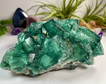 Fluorite Crystal from Madagascar, Green-blue Fluorite stacked cubes, Gemmy bright colors and well formed, Large Fluorite Specimen, No 865