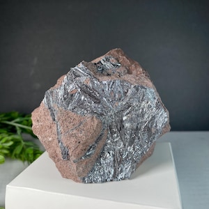 May include: A raw, natural mineral specimen featuring a matrix of reddish-brown rock with a striking display of metallic, silver-colored crystals. The crystals have a radiating, needle-like structure, creating a visually appealing contrast.