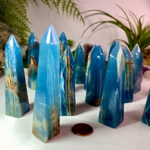 ONE Blue Onyx Point from Argentina, Beautiful color and polish, Lemurian Aquatine Calcite Tower, Average Size 3 inches tall, No 834 image 9