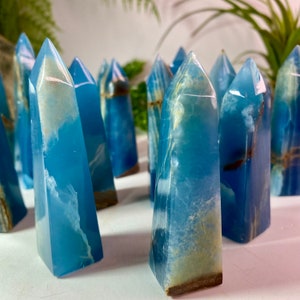 ONE Blue Onyx Point from Argentina, Beautiful color and polish, Lemurian Aquatine Calcite Tower, Average Size 3 inches tall, No 834 image 5