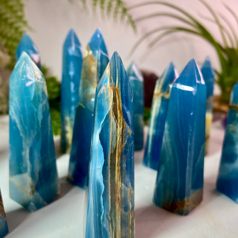 ONE Blue Onyx Point from Argentina, Beautiful color and polish, Lemurian Aquatine Calcite Tower, Average Size 3 inches tall, No 834 image 8