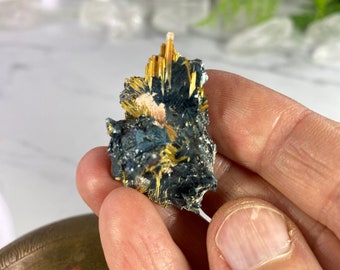 Golden Rutile Starburst on Hematite Mineral Specimen from Brazil , Rutilated Hematite, Natural Raw Minerals, 20.8 grams | No. 538