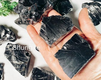 May include: A collection of raw, black shungite stones with a reflective, metallic sheen. The stones are held in a hand, with the word "Shungite" visible. The rough, irregular shapes of the stones are clearly defined, showcasing their natural form.