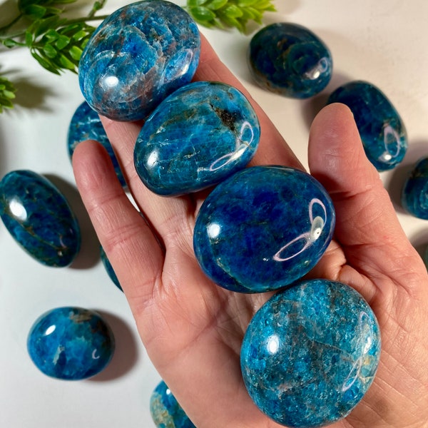 Blue Apatite Palm Stones from Madagascar, Polished Crystal, Beautiful Blue with interesting color and shine, No. 748