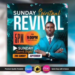 Puede incluir: Gráfico promocional para un evento de la Noche de la Iglesia del Domingo. El diseño presenta las palabras "SUNDAY REVIVAL" en letras blancas grandes, con los detalles de la hora y la fecha en naranja y blanco. Un hombre con un traje verde azulado está en la imagen.