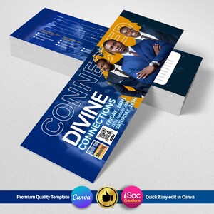 May include: A stack of blue and white event tickets with the words "DIVINE CONNECTIONS" in white. The tickets feature images of men in suits and event details: Friday, August 26th, and Saturday, August 26th. The Canva and iSac Creations logos are visible.