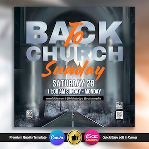 Puede incluir: Gráfico promocional con el texto "BACK CHURCH Sunday" en letras grandes plateadas y naranjas. La imagen incluye una carretera que conduce a una iglesia, con la fecha "SATURDAY 28" y detalles de la hora. Texto adicional incluye direcciones web y redes sociales.