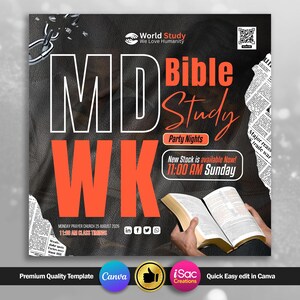 Könnte beinhalten: Werbegrafik für eine Bibelstunde. Das Design zeigt den Text "MD WK Bible Study" in Weiß und Orange vor einem dunklen, ledertexturierten Hintergrund. Zusätzlicher Text enthält Veranstaltungsdetails und einen QR-Code.