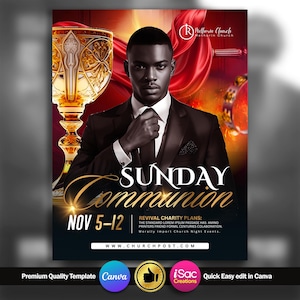 Peut inclure: Flyer promotionnel pour un événement religieux. L'image présente un homme en costume, avec les mots "SUNDAY Communion" en lettres dorées. La date "NOV 5-12" est également affichée. Un calice doré est visible.