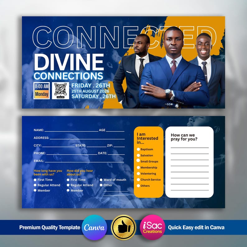 May include: A promotional flyer for "Divine Connections" with the text "Connected" at the top. The flyer features three men in suits, event details, and a form to fill out. The flyer is blue, yellow, and white.