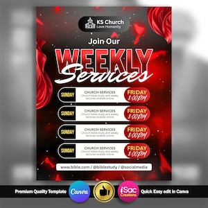 Puede incluir: Un folleto rojo y negro que promociona los servicios religiosos semanales. El folleto incluye el texto "Join Our Weekly Services" en letras grandes y en negrita. Los horarios de los servicios se enumeran para el domingo y el viernes a las 20:00. El folleto también incluye el nombre y el sitio web de la iglesia.