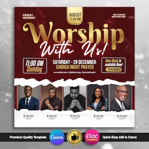 Puede incluir: Un folleto de eventos granate y blanco con las palabras "Worship With Us!" en escritura dorada. El folleto incluye detalles del evento, fecha, hora y fotos de los oradores. La parte inferior presenta logotipos y texto que promocionan la calidad y la facilidad de edición de la plantilla.