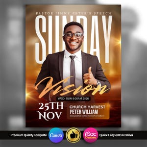 May include: A promotional poster with a smiling man in a suit giving a thumbs up. The poster has the word "SUNDAY" in large letters, with "Vision" and event details below. The bottom of the poster includes the text "25th NOV" and "CHURCH HARVEST PETER WILLIAM".