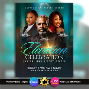 May include: A promotional poster with three people and the text "Elevation Celebration" in a gradient font. The poster includes the text "Pastor Jimmy Peter's Speech" and event details: November 18th, 9:00 AM, Sunday, and a website address.