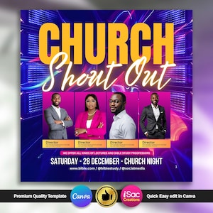 Puede incluir: Gráfico promocional con las palabras "CHURCH Shout Out" en amarillo y blanco. Presenta cuatro retratos de personas en vestimenta de negocios, con el texto "WE OFFER ALL KINDS OF LECTURES AND BIBLE STUDY PROOFESSORS". También se muestra la fecha "SÁBADO - 28 DE DICIEMBRE - NOCHE DE LA IGLESIA".