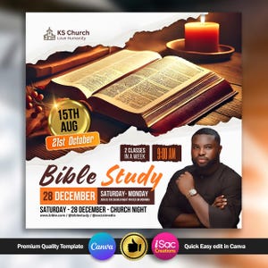 May include: An open Bible with text, a lit candle, and a man in a black shirt are featured in this promotional image. The text includes "Bible Study," dates, and times. The image is a Canva template.