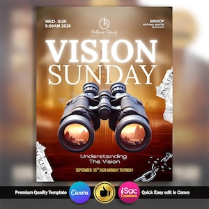 Puede incluir: Un cartel promocional con el texto "VISION SUNDAY" en letras blancas grandes. El cartel presenta unos prismáticos en el centro, con el texto "Understanding The Vision" y los detalles del evento debajo. El fondo es un paisaje urbano borroso.