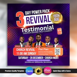 Puede incluir: Gráfico promocional para un evento de avivamiento religioso. El diseño presenta el texto "3 Day Power Pack Revival Testimonial" con la fecha "15 de agosto". Incluye imágenes de cinco hombres y detalles del evento.