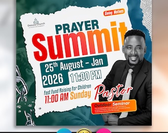 May include: A promotional graphic for a prayer summit. The design features the text "PRAYER SUMMIT" in large, red and orange letters. Additional text includes the date, time, and the word "Pastor". A man in a suit is pictured on the right.