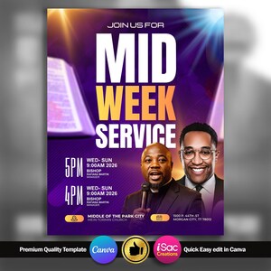 Könnte beinhalten: Ein violetter und orangefarbener Flyer für einen Mid Week Service mit zwei Männern in Anzügen, von denen einer ein Mikrofon hält. Der Text enthält JOIN US FOR MID WEEK SERVICE, 5PM, 4PM, WED-SUN 9:00AM 2026, BISHOP RAFIANA MARTIN MANAGER, MIDDLE OF THE PARK CITY, 1500 P. 44TH ST MORGAN CITY, TT 78012.
