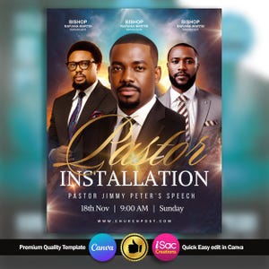 以下が含まれることがあります： スーツを着た男性3名が写ったプロモーションポスター。「Pastor Installation」の文字が金色の筆記体で書かれています。ポスターには、講演者の名前、イベントの詳細、ウェブサイトも記載されています。背景は紫と青のグラデーションです。