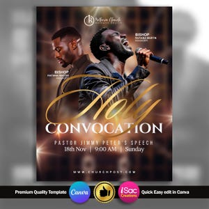 May include: A poster advertising a church event, featuring two men, one singing into a microphone. The poster has gold text that reads "Holy Convocation" and details the pastor's speech on November 18th at 9:00 AM. The church's logo is at the top.