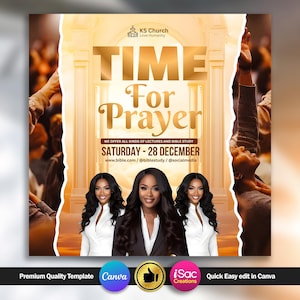 May include: A promotional graphic with the text "TIME For Prayer" in gold lettering. The graphic includes images of women, a church logo, and the date "SATURDAY - 28 DECEMBER". Additional text promotes lectures and bible study.