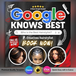 May include: A promotional graphic with the Google logo and the text "Google Knows Best." It features images of women with different hairstyles, a call to action, and the text "Book Now!" The background is black with a leather texture.