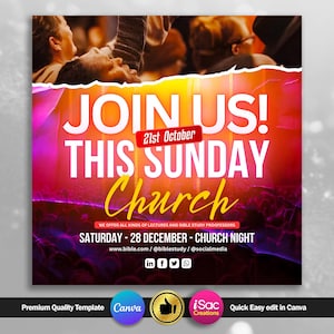 May include: A vibrant promotional poster with a gradient background of orange, pink, and purple. The text "JOIN US! THIS SUNDAY Church" is prominently displayed. Additional text includes the date "21st October" and details for a church night event on December 28th.