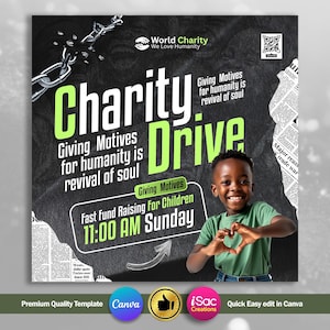 May include: A promotional graphic for a charity drive, featuring a young boy making a heart shape with his hands. The design includes the words "Charity Drive" in large green letters, along with event details and the phrase "Giving Motives for humanity is revival of soul."