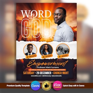 May include: A promotional poster with the words "WORD OF GOD" in large, bold letters. The poster features a man wearing glasses and a white shirt, and three smaller portraits. The poster also includes the word "Empowerment" and event details.