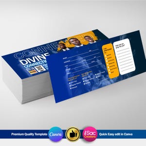 May include: A stack of blue and white business cards with the words "CONNECT DIVINE CONNECTION" and a QR code. The cards have spaces for name, address, and contact information. The image also includes the text "Premium Quality Template Canva".