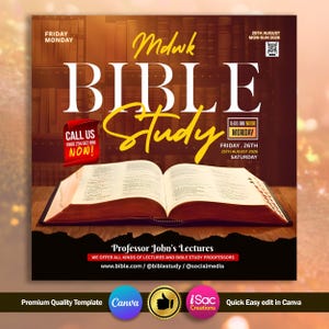 Könnte beinhalten: Eine Werbegrafik für eine Bibelstunde. Das Bild zeigt ein offenes Buch mit den Worten "BIBLE Study" in großem, stilisiertem Text. Zusätzlicher Text enthält Veranstaltungsdetails, einen Aufruf zum Handeln und Website-Informationen.