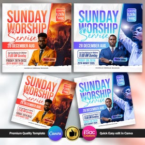 May include: Four promotional flyers for a Sunday Worship Service. Each flyer features a man in a suit and the text "Sunday Worship Service," the date, and other event details. The flyers are in shades of orange, blue, and white, with the date 28 December.