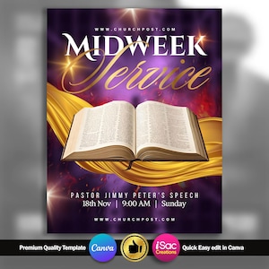 Pode incluir: Um cartaz promocional com um esquema de cores roxo e dourado. As palavras "Midweek Service" estão em letras douradas. Um livro aberto está no centro, com o texto "Pastor Jimmy Peter's Speech" e a data e hora abaixo. O endereço do site está em cima e em baixo.