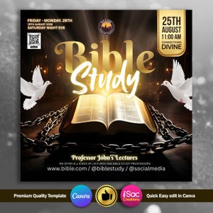 K&ouml;nnte beinhalten: Ein Werbegrafik f&uuml;r eine Bibelstunde. Das Bild zeigt eine offene Bibel mit leuchtenden Seiten, die goldenen Worte "Bible Study" und zwei wei&szlig;e Tauben. Der Text enth&auml;lt Veranstaltungsdetails, Professor Johns Vortr&auml;ge und Website-Informationen.