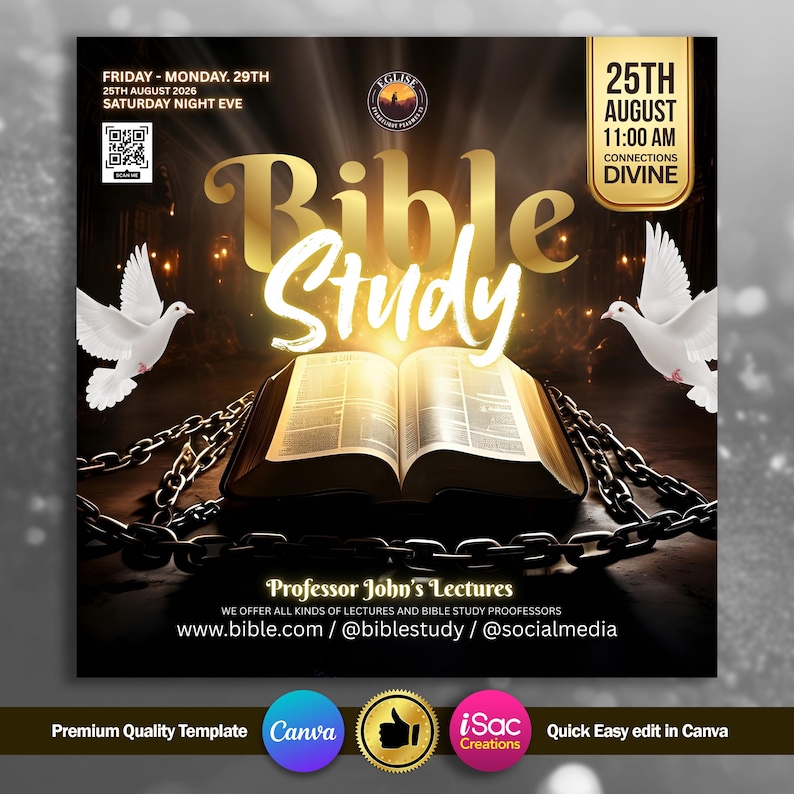 K&ouml;nnte beinhalten: Ein Werbegrafik f&uuml;r eine Bibelstunde. Das Bild zeigt eine offene Bibel mit leuchtenden Seiten, die goldenen Worte "Bible Study" und zwei wei&szlig;e Tauben. Der Text enth&auml;lt Veranstaltungsdetails, Professor Johns Vortr&auml;ge und Website-Informationen.