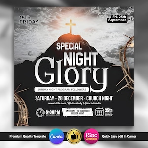 Puede incluir: Gráfico promocional con el texto "Special Night Glory" en letras blancas grandes, con una cruz en la parte superior. El gráfico incluye fechas, horarios e información del sitio web para un evento religioso. El fondo es gris oscuro con un cielo nublado.