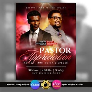 May include: A promotional poster with two men in suits, the text "PASTOR Appreciation" in a cursive font, and event details. The poster has a red and gold color scheme with the text "Pastor Jimmy Peter's Speech".