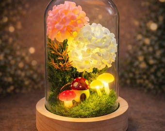 Handmade Hydrangea Mushroom Night Light – Fairy Garden Cottage Lamp