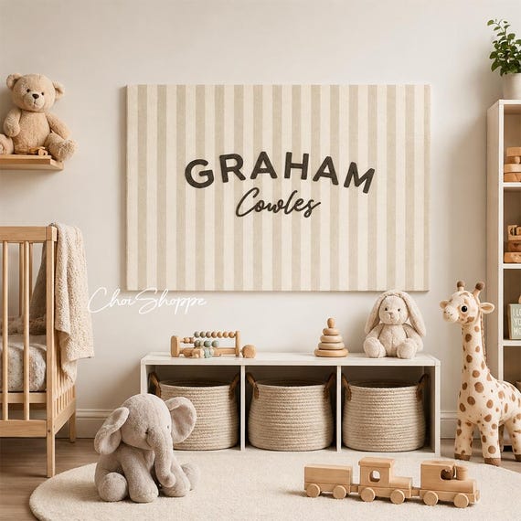 Custom Name Stripe Wall Art Print, Personalized Nursery Poster, Modern Kids Room Decor, Baby Name Sign, Playroom Bedroom Gift