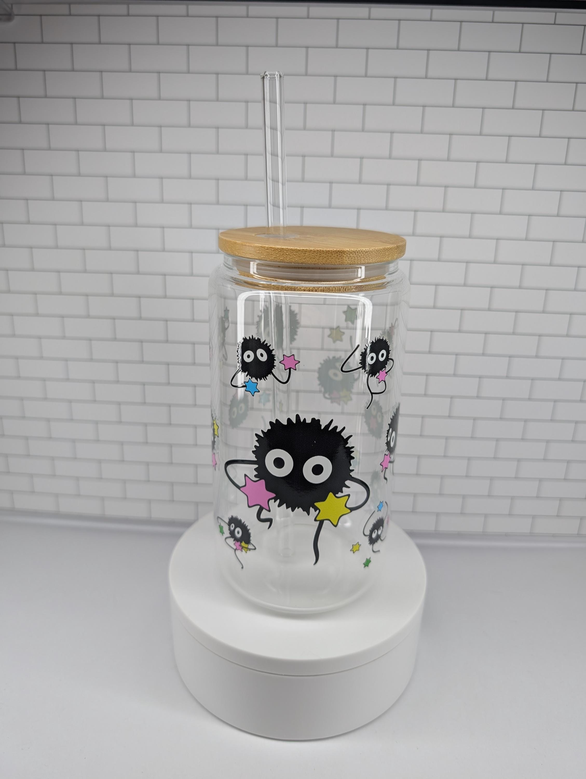 16 Oz Soot Sprites Glass Can Cup With Bamboo Lid and Glass Straw ...