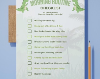 Tableau des routines matinales des dinosaures – Liste de contrôle imprimable pour les enfants de 3 à 6 ans, programme visuel pour les enfants d'âge préscolaire, tableau quotidien sur le thème des dinosaures