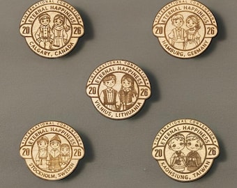 May include: Five wooden badges with the text "International Convention Eternal Happiness 2026" and city names: Calgary, Hamburg, Vilnius, Stockholm, and Kaohsiung. Each badge features a cartoon couple.