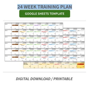 Puede incluir: Una plantilla de plan de entrenamiento de 24 semanas imprimible para Google Sheets. La plantilla está codificada por colores e incluye un calendario con los días de la semana, las fechas y los tipos de entrenamiento. El texto "24 WEEK TRAINING PLAN" y "GOOGLE SHEETS TEMPLATE" está en la parte superior de la imagen. El texto "DIGITAL DOWNLOAD / PRINTABLE" está en la parte inferior de la imagen.