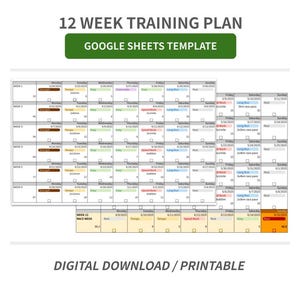 Puede incluir: Una plantilla de plan de entrenamiento de 12 semanas para Google Sheets. La plantilla es un calendario imprimible con los días de la semana y las fechas. El calendario está codificado por colores para indicar los diferentes tipos de entrenamientos. La plantilla incluye una sección para el kilometraje de la semana de la carrera.