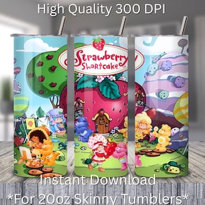 Strawberry Shortcake Care Bears Tumbler Wrap PNG, 20oz Skinny Sublimation, 80s Cartoon Crossover Digital Download, Vintage Mashup